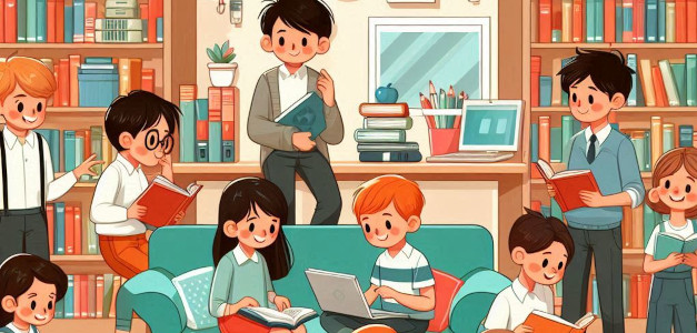 image students reading books and working on laptops in a school library